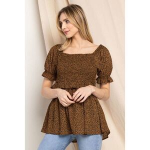 Oddi Full Size Leopard Smocked Frill Trim Babydoll Blouse